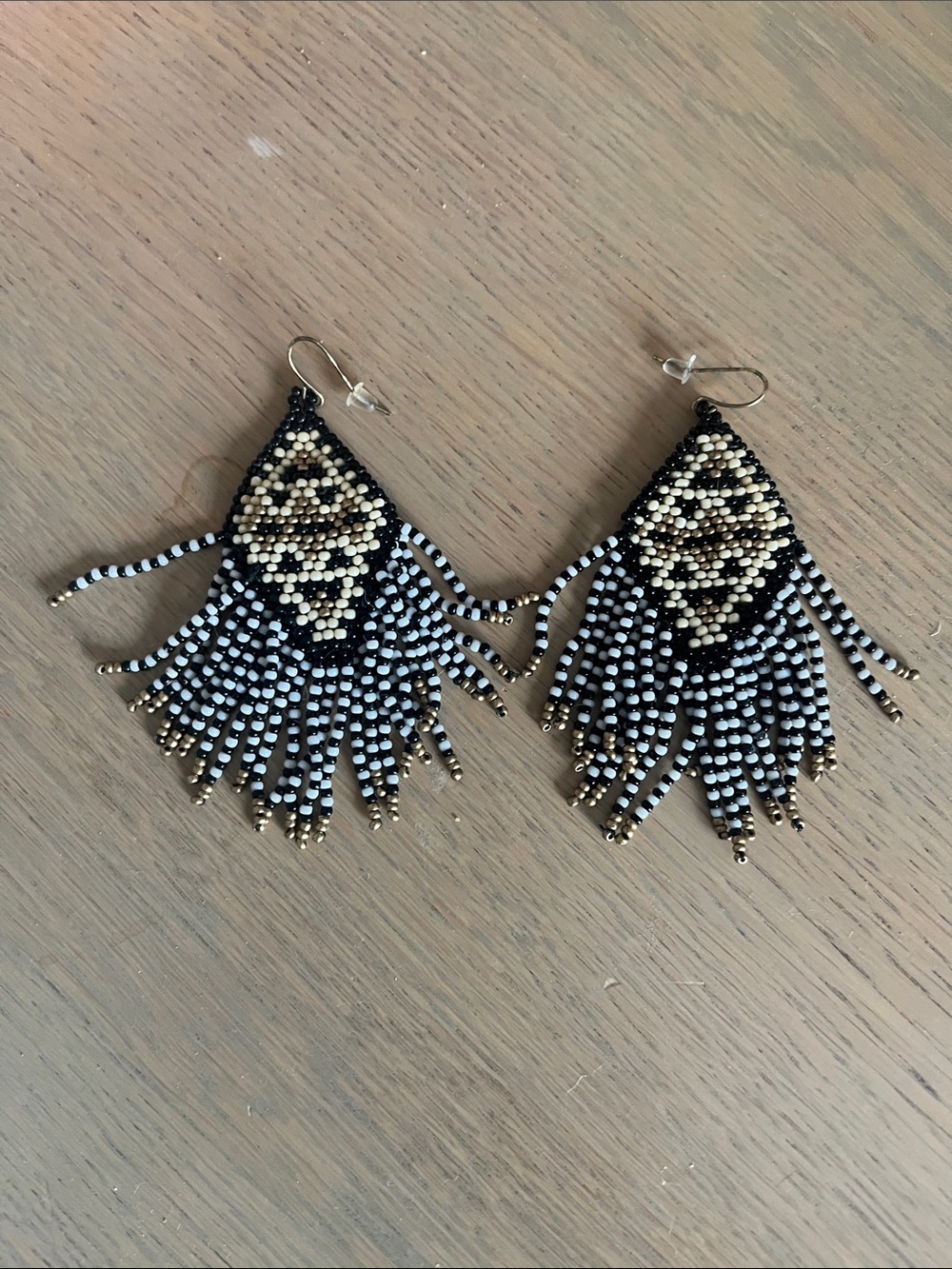 Boho Black, White & Gold Seed Bead Fringe Earrings